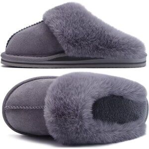 Women's Gray Fluff Memory Cozy Winter Warm Scuff Slip On Slippers Shoes